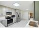 Modern kitchen with gray cabinets, stainless steel appliances, and a large skylight providing natural light at 8219 Bishops Ln, Indianapolis, IN 46217