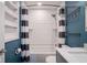 This bathroom showcases subway tile and a black and white shower curtain with white trim at 10751 Sheffield Ct, Fishers, IN 46038