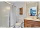 Bathroom featuring a toilet, vanity with sink, and a glass door shower stall at 14027 Waterway Blvd, Fishers, IN 46040