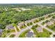Aerial view of a neighborhood surrounded by mature trees with parks, green spaces, and a school at 5865 Osage Dr, Carmel, IN 46033