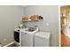 Laundry room with modern washer, dryer, and storage shelves at 6126 Navy Cir, Indianapolis, IN 46221