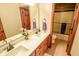 Well-lit bathroom featuring a double vanity with modern fixtures and a separate shower at 7845 Centerstone Ct, Indianapolis, IN 46259
