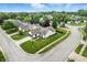 Wide aerial view captures a traditional house with two-car garage, landscaped yard, and tree-lined neighborhood at 7914 Trotwood Cir, Indianapolis, IN 46256