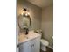 Updated half bathroom with new vanity, stylish fixtures, and a modern round mirror at 1540 Roanoke Dr, Zionsville, IN 46077
