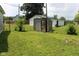 View of backyard with shed and chain link fence at 220 S 2Nd St, Summitville, IN 46070
