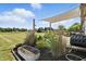 A covered back patio with outdoor garden and lush green lawn at 2308 E Mill Stream Dr, Greenfield, IN 46140