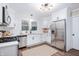 Modern kitchen featuring stainless steel appliances, white cabinets, and a stylish backsplash at 413 E Caven St, Indianapolis, IN 46225