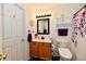 Clean bathroom featuring wood cabinets, a bright mirror, modern fixtures, and an updated toilet at 9022 Hosta Way, Camby, IN 46113
