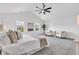 Bright main bedroom with neutral decor, gray carpet, vaulted ceiling, ceiling fan, and many windows at 9724 Brooks Dr, Fishers, IN 46055