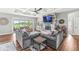 Spacious living room with stone fireplace, coffered ceiling, and sliding glass doors leading to a patio at 1165 Maclaren Ct, Franklin, IN 46131