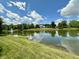 Scenic view of a tranquil pond with a fountain and lush greenery, creating a serene and picturesque landscape at 4655 Rockcress Ct, Zionsville, IN 46077