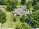 Aerial view of a home with a large backyard featuring a pool, trampoline, and lush lawn at 6019 S Tacoma Ave, Indianapolis, IN 46227
