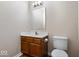 Bathroom featuring a wooden vanity, mirror, toilet, and neutral paint at 8213 Thoroughbred Run, Indianapolis, IN 46256
