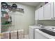 Functional laundry room features washer, dryer, and storage cabinets with organizing shelf at 8336 Bent Oak Dr, Indianapolis, IN 46236