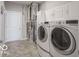 Well-equipped laundry room featuring a modern washer and dryer, with functional white cabinets above for convenient storage at 8866 Twain Ln, Indianapolis, IN 46239