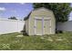 Backyard shed enclosed by a white fence on a well-maintained lawn at 9628 Gull Lake Dr, Indianapolis, IN 46239