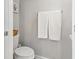 Powder room features a modern toilet, white textured towels, a white pedestal sink, and gray walls at 9855 Oakmont E E Dr, Pendleton, IN 46064