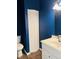 Stylish bathroom with blue walls, white vanity, and toilet at 9987 Rainbow Falls Ln, Fishers, IN 46037