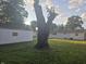 Exterior view of the backyard, showing mature tree, lawn, and white-sided home and garage at 1201 E Gimber St, Indianapolis, IN 46203