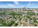 Wide aerial shot highlighting a residential neighborhood with a cityscape backdrop, combining community and city amenities at 1405 E Vermont St, Indianapolis, IN 46201