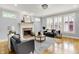 Inviting living room features a decorative fireplace, hardwood floors, stylish sofas, and bright natural light at 2263 Glebe St, Carmel, IN 46032