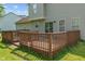 View of the back deck featuring wood railings and stairs in a yard with lush greenery at 4533 Golden Meadow Dr, Indianapolis, IN 46254