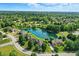 Aerial view of the neighborhood showing homes that backs up to a beautiful pond with a fountain at 5761 Coopers Hawk Dr, Carmel, IN 46033
