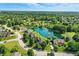 Aerial view of the neighborhood showing a home that backs up to a beautiful pond with a fountain at 5761 Coopers Hawk Dr, Carmel, IN 46033