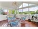 Screened porch features wicker furniture and scenic views of the lake at 5761 Coopers Hawk Dr, Carmel, IN 46033