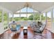 Screened-in porch with lovely seating has views of the lake and greenery at 5761 Coopers Hawk Dr, Carmel, IN 46033