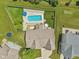Aerial view showcasing a backyard pool, deck, and well-maintained lawn at 10716 Patoka Rd, Indianapolis, IN 46239