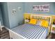 Bedroom boasts lake decor, wood floors, and bedside tables with lamps at 206 Olive St, Arcadia, IN 46030