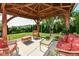 Backyard patio is perfect for outdoor gatherings, featuring a pergola, comfortable seating, and lush landscaping at 5765 White Pine Rd, Whitestown, IN 46075