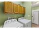 Functional laundry room with washer, dryer, built in cabinets and adjacent refrigerator at 619 Cahill Ln, Indianapolis, IN 46214