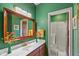 Bright bathroom featuring marble countertops, flowers, green walls, and a glass-doored shower at 10594 Geist Rd, Fishers, IN 46037
