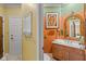 Unique half bath featuring eclectic design and colorful walls with a stylish vanity and framed mirror at 10594 Geist Rd, Fishers, IN 46037
