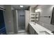 Modern bathroom with a glass-enclosed shower, double vanity, and plenty of storage space at 2083 Kerns Ct, Carmel, IN 46280