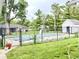 View of a backyard with a pool and fencing, along with multiple sheds and lush green grass at 4096 N 200 W, Greenfield, IN 46140