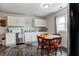 Eat-in kitchen with white cabinets, stainless steel appliances, and hardwood floors at 725 2Nd St, Shelbyville, IN 46176