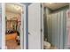 Bathroom with a view to a closet and featuring a blue shower curtain at 2127 Yosemite Dr, Lebanon, IN 46052