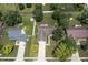 An aerial view of the property and surrounding neighborhood with mature trees at 421 E Delaware St, Fortville, IN 46040