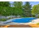 Beautiful landscaped backyard features a fenced in pool and diving board in tranquil outdoor oasis at 4224 River Rd, Columbus, IN 47203