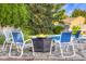 Relaxing backyard featuring a fire pit encircled by comfortable blue chairs with pool and landscaping in background at 4224 River Rd, Columbus, IN 47203