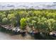 Aerial view of lakefront property highlighting multiple docks, lush greenery, and inviting lake access at 7082 Muskrat Dr, Nineveh, IN 46164