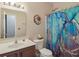 Bathroom featuring a single sink vanity, toilet, and a shower with a vibrant blue shower curtain at 958 Denton Ct, Westfield, IN 46074