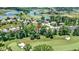 Expansive aerial view showcases a scenic golf course community with a beautiful lake and stunning homes at 10585 Golden Bear Way, Noblesville, IN 46060
