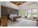 Spacious main bedroom featuring tray ceilings, wood accents, and a view of the outdoor patio at 10585 Golden Bear Way, Noblesville, IN 46060