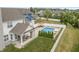 Aerial view of backyard oasis featuring inground pool, patio with seating, privacy fence and landscaped yard at 10795 Creekbed Cir, Fishers, IN 46038