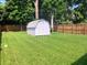 Spacious backyard with a storage shed and a wooden fence surrounded by mature trees at 2822 Tindall St, Indianapolis, IN 46203