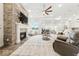 Spacious living room features a stone fireplace, lots of natural light, and comfortable seating at 4909 N Graystone Dr, Muncie, IN 47304